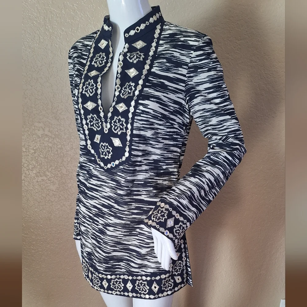 Tory Burch Tunic Dark Blue & white with Mirror details.